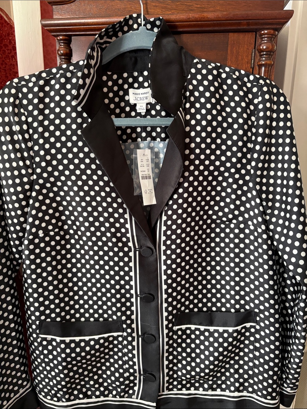 J. Crew Marie MarotbBlack and White Polka Dot Satin-Trim Blazer